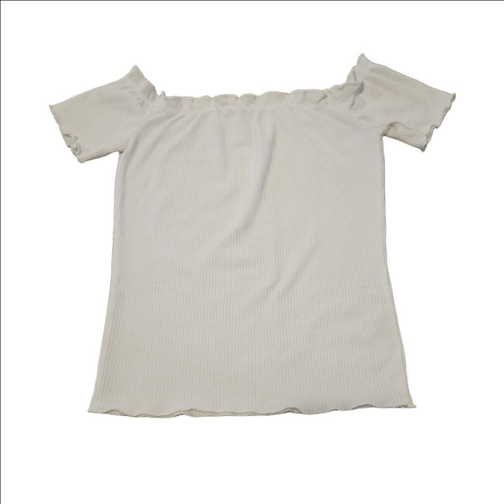 Women's IRIS White Ribbed Off-Shoulder Short Sleeve Tee S